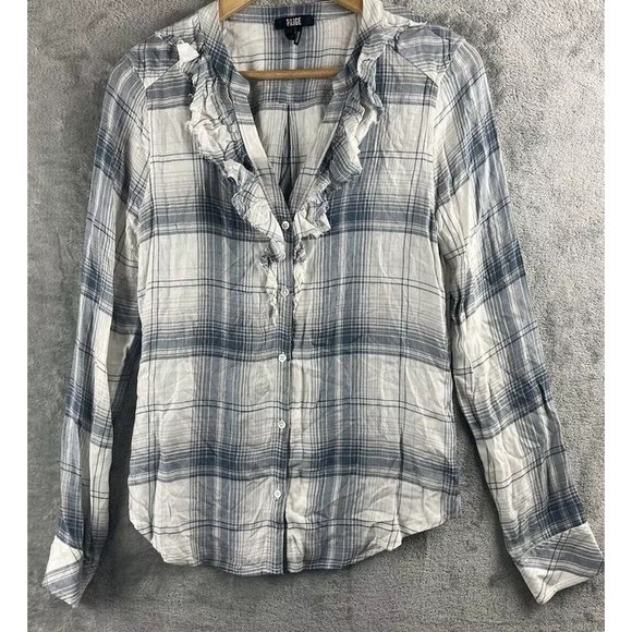 Paige Bernette Dylan Plaid Button Shirt Small Raw Hem Ruffle Collar Long Sleeve - Picture 1 of 7